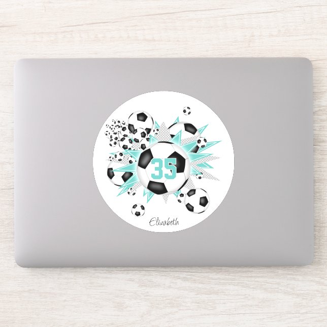 girls jersey number soccer balls stars light teal sticker (Computer)