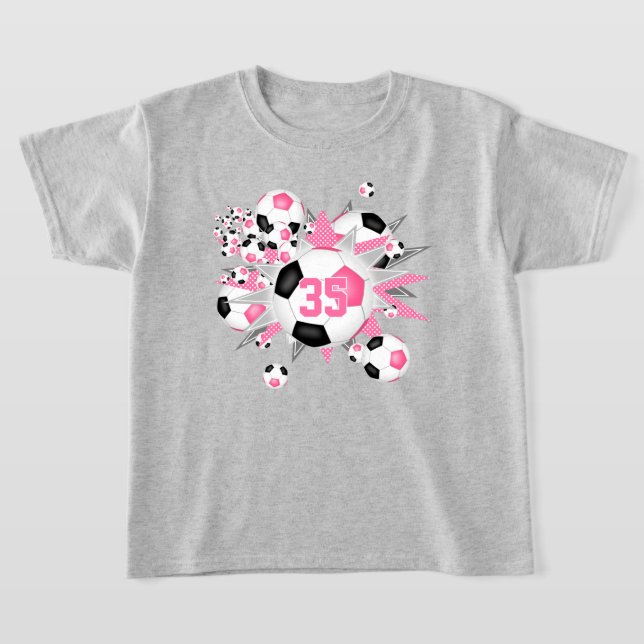 girls jersey number soccer balls stars pink black T-Shirt (Laydown)