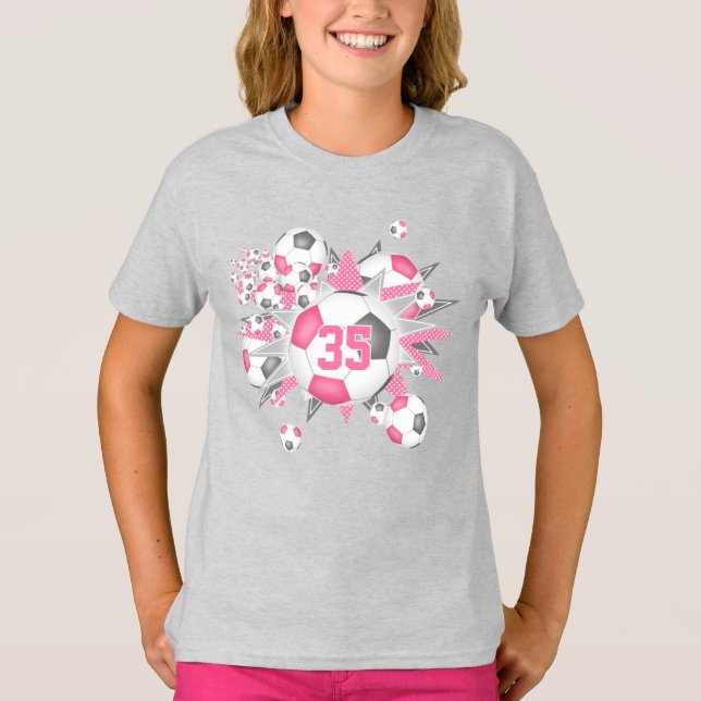 girls jersey number soccer balls stars pink gray  T-Shirt (Front)