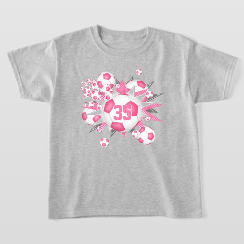 girls jersey number soccer balls stars pink T_Shirt