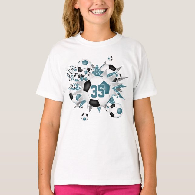girls jersey number teal black soccer balls stars T-Shirt (Front)
