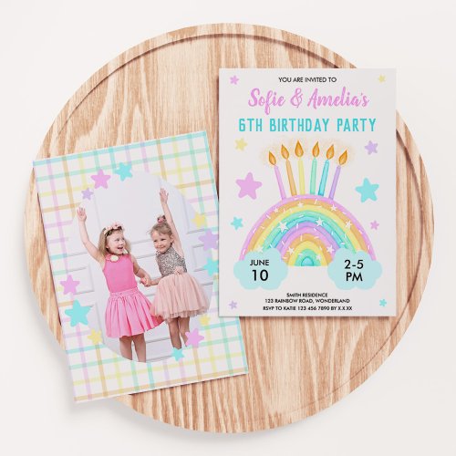 Girls Joint Birthday Rainbow Theme With Photo Invitation