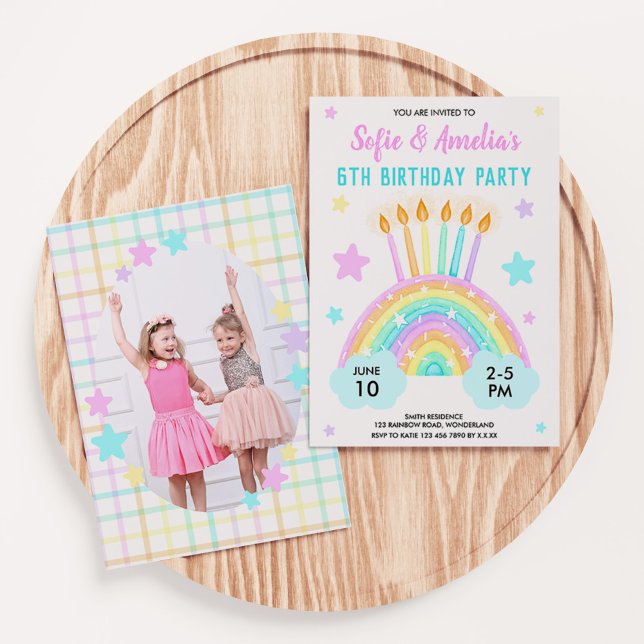 Girl's Joint Birthday Rainbow Theme With Photo Invitation (Girl's Joint Birthday Rainbow Theme With Photo Invitation)