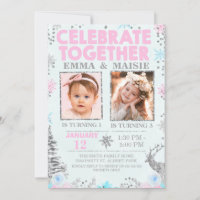 Girls Joint or Twins Winter Themed Birthday Invitation