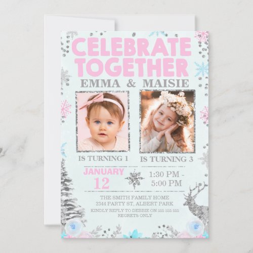 Girls Joint or Twins Winter Themed Birthday Invitation