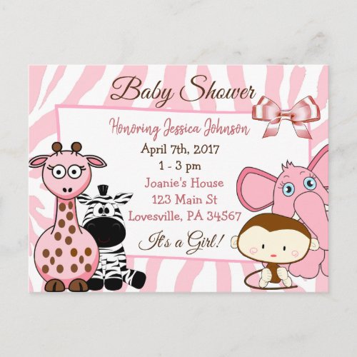 Girls Jungle or Zoo Animals Themed Baby Shower Invitation Postcard