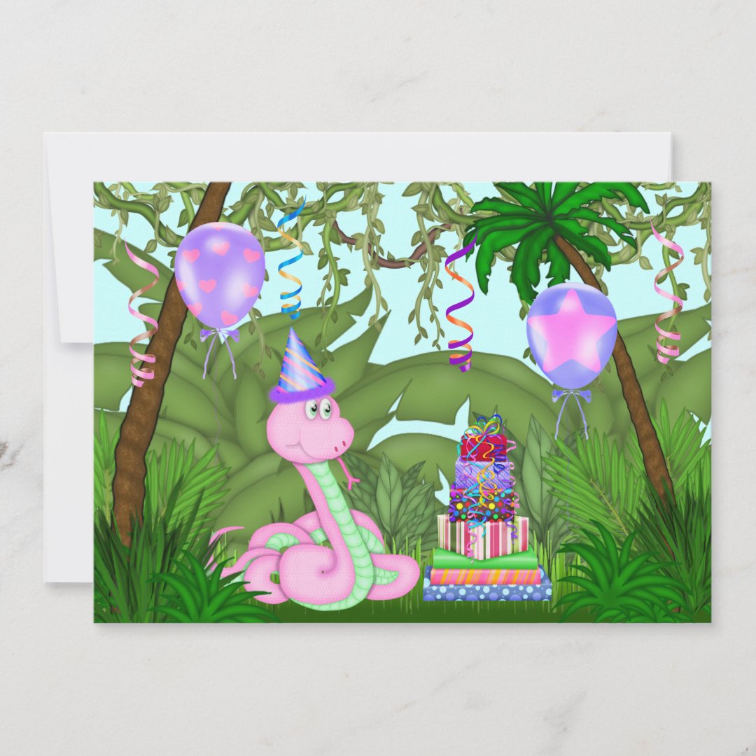 Girls Jungle Pink Snake Birthday Party Invitation | Zazzle