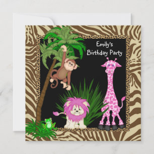 Girls Jungle Safari Birthday Party Invitations