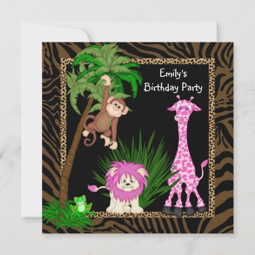 Girls Jungle Safari Birthday Party Invitations