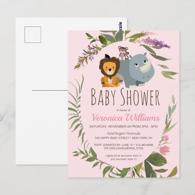Girls Jungle Safari Pink Baby Shower Invitation Postcard (Front/Back)