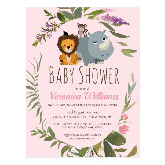 Girls Jungle Safari Pink Baby Shower Invitation Postcard ...