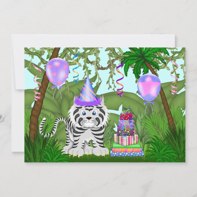 Girls Jungle White Tiger Birthday Party Invitation (Front)