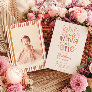 Girls Just Wanna Be One 1st Birthday Photo Retro Invitation