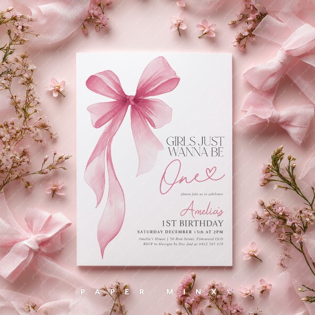 Girls just wanna be ONE! 1st Birthday Pink Bow Invitation (Girl's just wanna be one! Pink Bow 1st birthday party invitation)