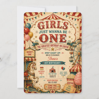 Girls Just Wanna Be One 1st Birthday Vintage Fair Invitation