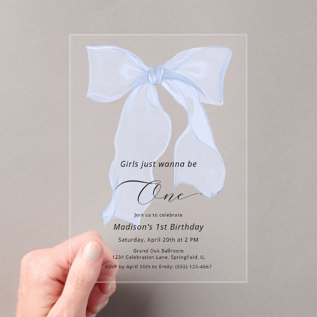 Girls Just Wanna Be One Blue Bow 1st Birthday  Acrylic Invitations (Insitu (Handheld))