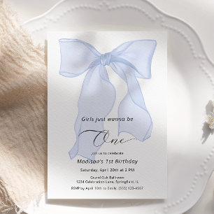 Girls Just Wanna Be One Blue Bow 1st Birthday Invitation