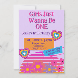 Girls Just Wanna Be One, Colorful 80s 1st Birthday Invitation