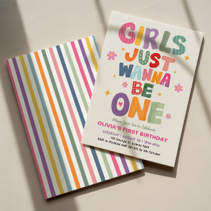Girls Just Wanna Be One: Colorful Stripes Birthday Invitation
