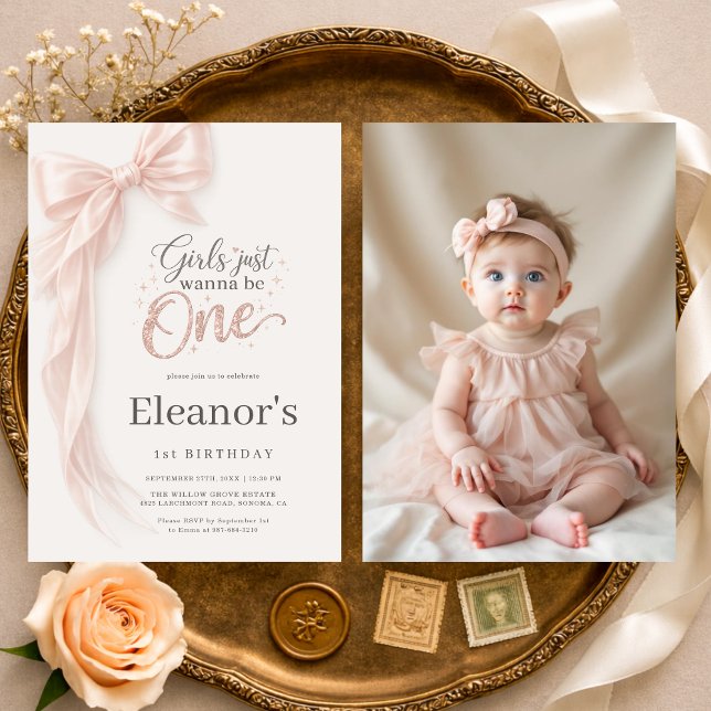 Girls Just Wanna be One Photo Bow 1st Birthday Invitation (Creator Uploaded)