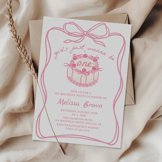 Girls Just Wanna Be One Pink Bow 1st Birthday Invi Invitation (Creator Uploaded)