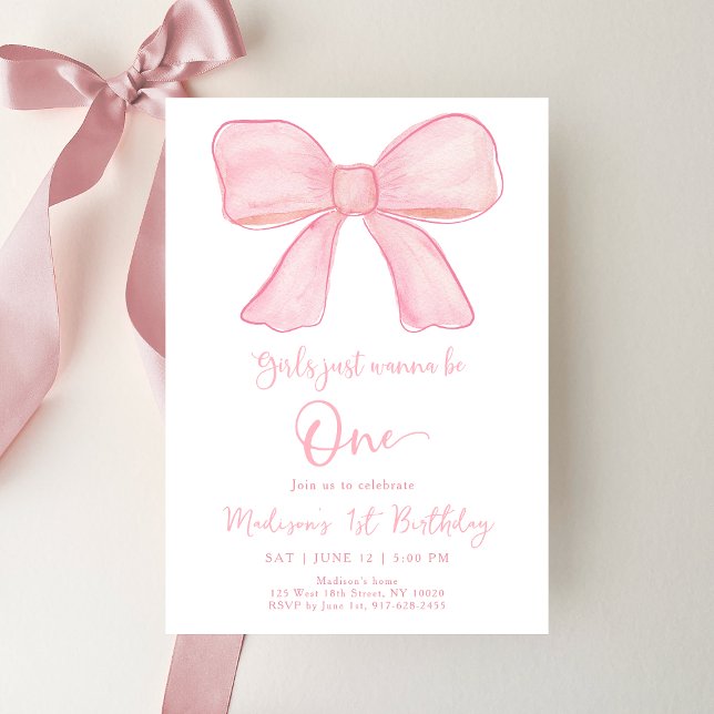 Girls Just Wanna Be One Pink Bow 1st Birthday Invitation (Creator Uploaded)