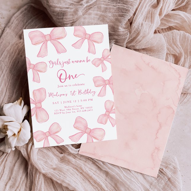 Girls Just Wanna Be One Pink Bow 1st Birthday Invitation (Creator Uploaded)