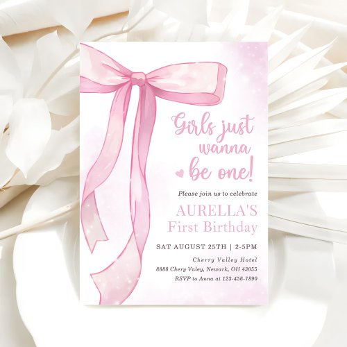 Girls Just Wanna Be One Pink Bow 1st Birthday Invitation