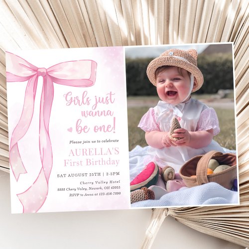 Girls Just Wanna Be One Pink Bow 1st Birthday Invitation