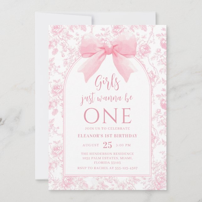 Girls Just Wanna Be One Pink Bow 1st Birthday Invitation