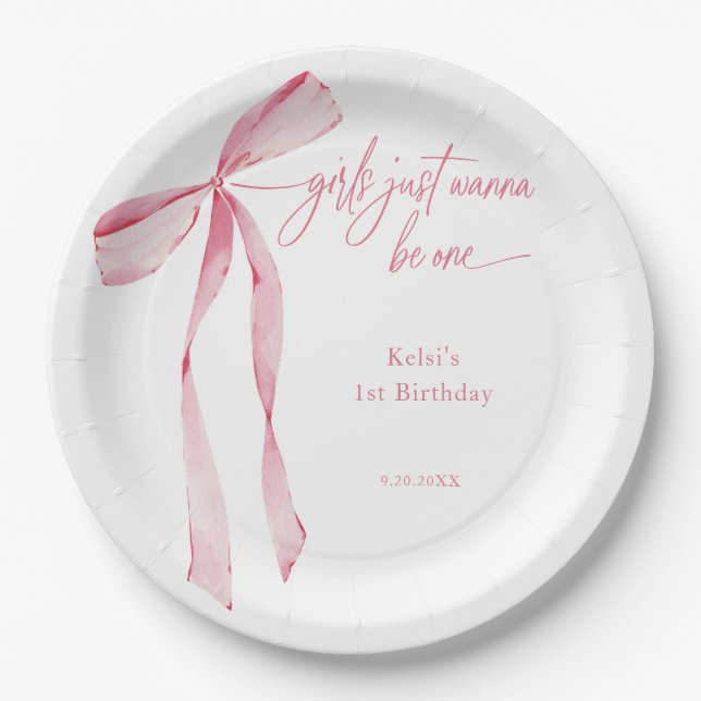 Girls Just Wanna Be One Pink Bow 1st Birthday Paper Plates (Front)