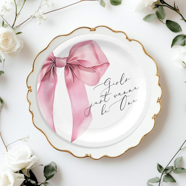 Girls just wanna be One Pink Bow 1st birthday Paper Plates (Creator Uploaded)