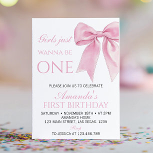 Girls Just Wanna Be One Pink Bow Coquette Birthday Invitation