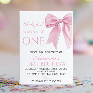 Girls Just Wanna Be One Pink Bow Coquette Birthday Invitation