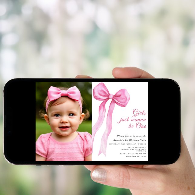 Girls Just Wanna Be One Pink Bow First Birthday Invitation (Front Digital)