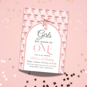Girls Just Wanna be ONE Pink Bow First Birthday Invitation