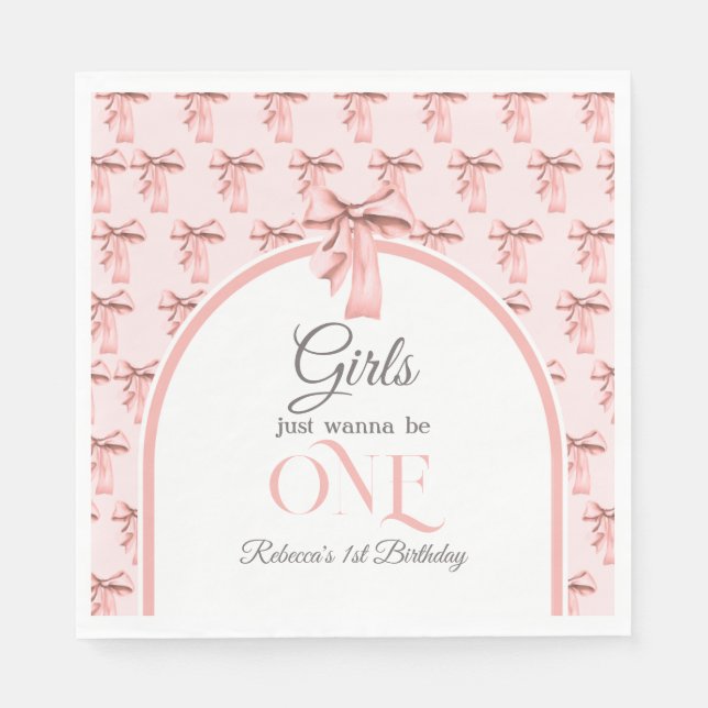Girls Just Wanna be ONE Pink Bow First Birthday Napkins (Front)