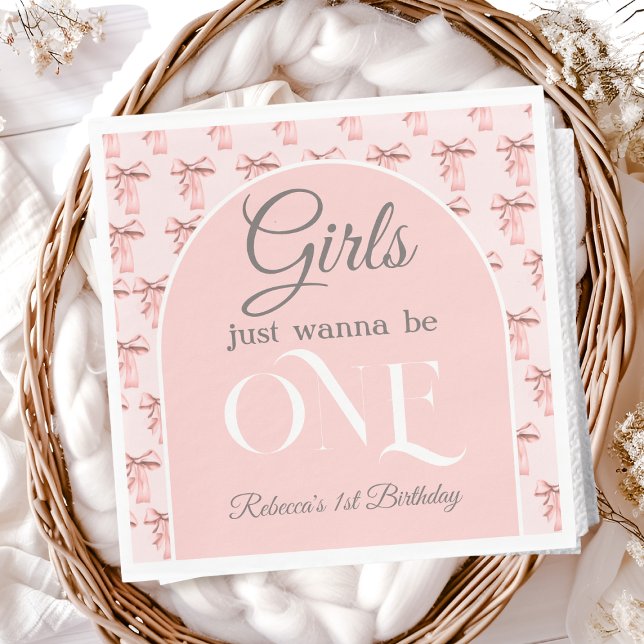 Girls Just Wanna be ONE Pink Bow First Birthday Napkins (Creator Uploaded)