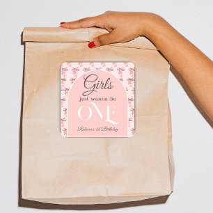 Girls Just Wanna be ONE Pink Bow First Birthday Square Sticker