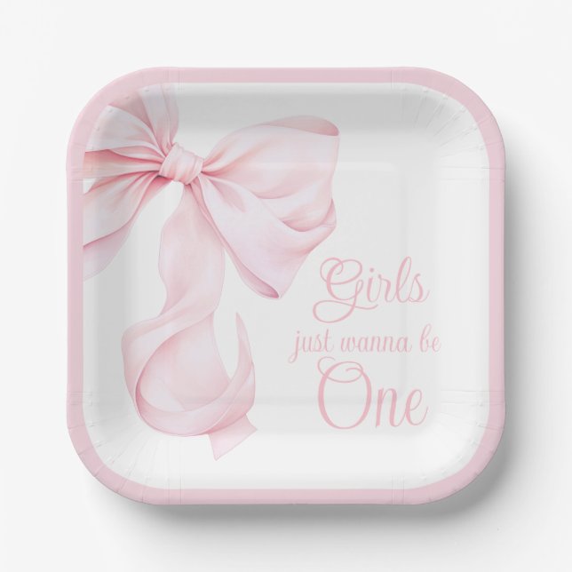 Girls just wanna be One Pink Bow Paper Plate (Front)