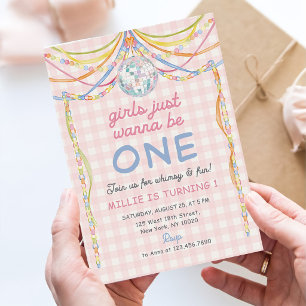 Girls Just Wanna Be One Pink Gingham 1st Birthday Invitation