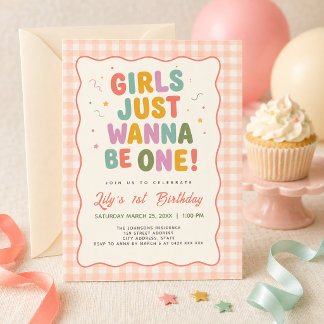 Girls Just Wanna Be One Pink Gingham 1st Birthday  Invitation