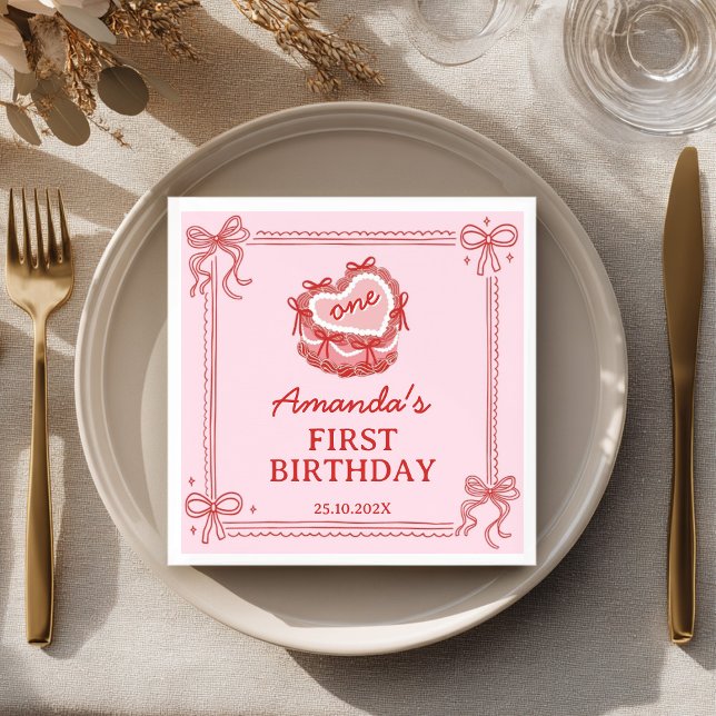 Girls Just Wanna Be One Red Pink Bow Cake Birthday Napkins (Creator Uploaded)