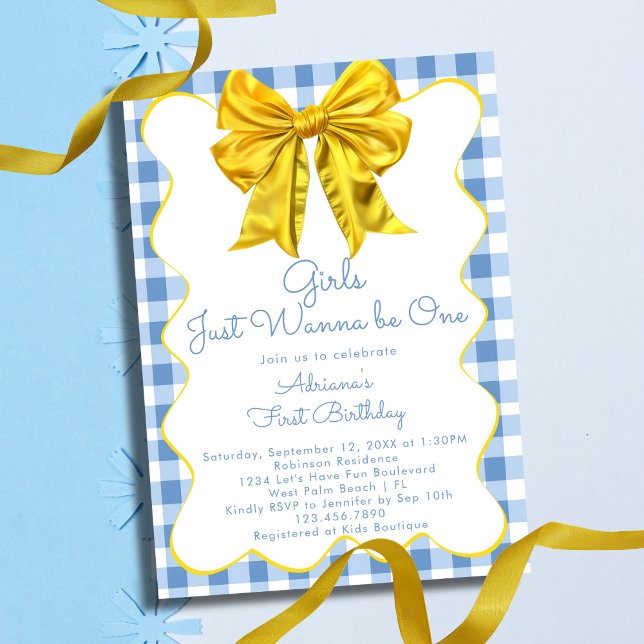 Girls Just Wanna Be One Yellow Blue 1st Birthday Invitation (Creator Uploaded)