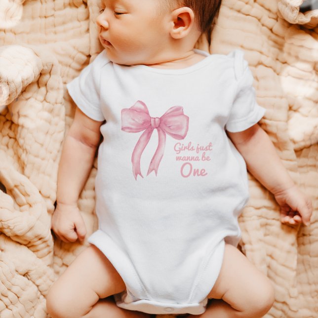 Girls Just Wanne Be One Pink Bow Coquette Birthday Baby Bodysuit (Creator Uploaded)