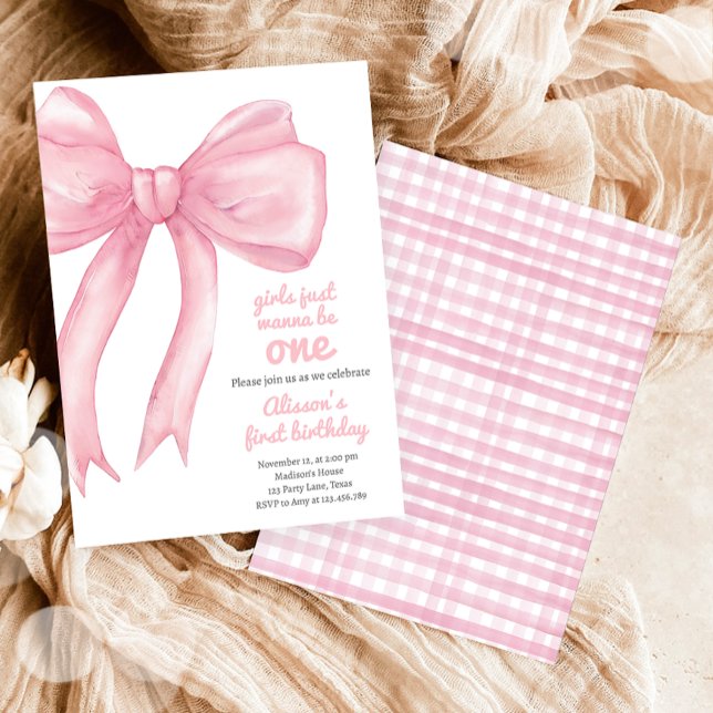 Girls Just Wanne Be One Pink Bow Coquette Birthday Invitation (Creator Uploaded)