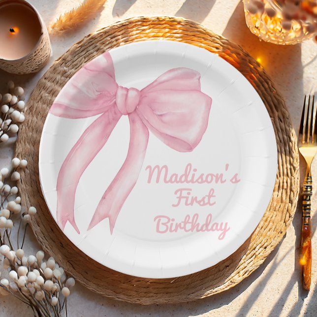 Girls Just Wanne Be One Pink Bow Coquette Birthday Paper Plates (Creator Uploaded)