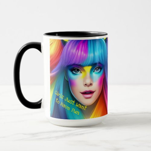 Girls Just Want to Have Fun colourful rainbow face Mug