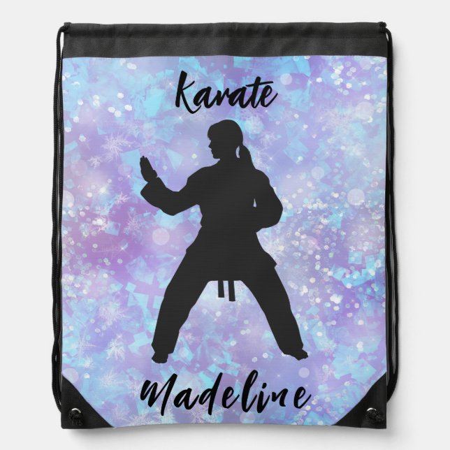 Girls Karate Blue Purple Personalized   Drawstring Bag (Front)