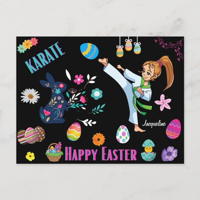 Girls Karate Happy Easter Decorative  Postcard (Front)